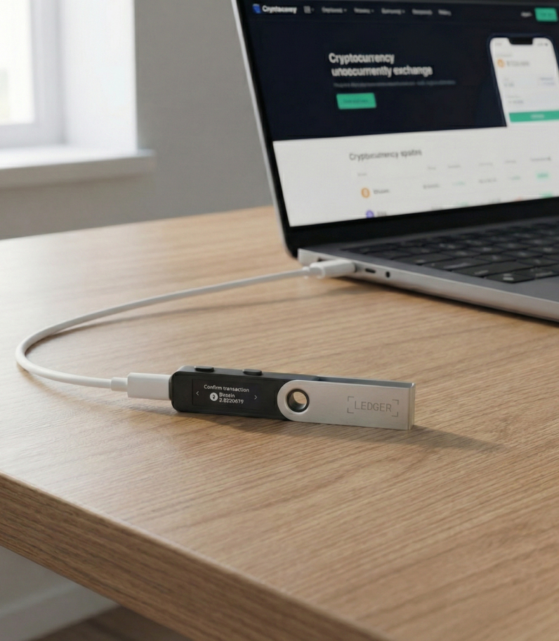 Ledger Nano S Plus Oxidate Green 16 Ledger Nano S Plus подключён к ноутбуку на столе