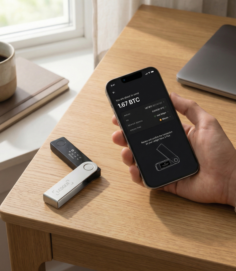 Ledger Nano X on desk behind the phone with ledger wallet app