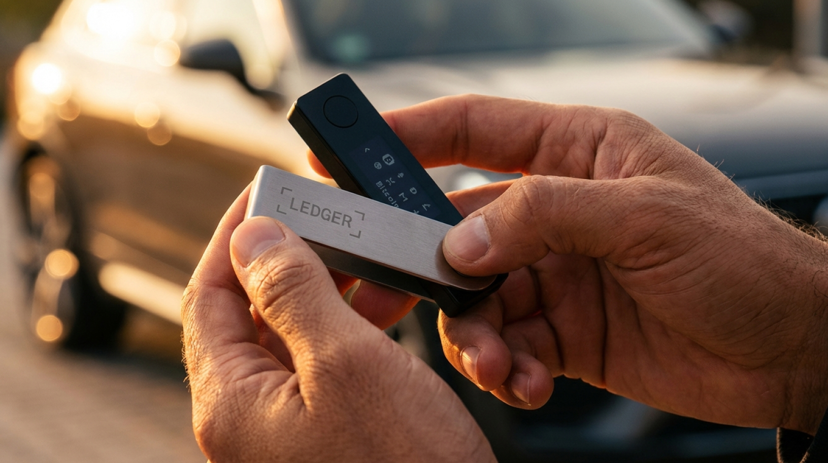 Ledger Nano X on desk behind the phone and laptop with ledger wallet app