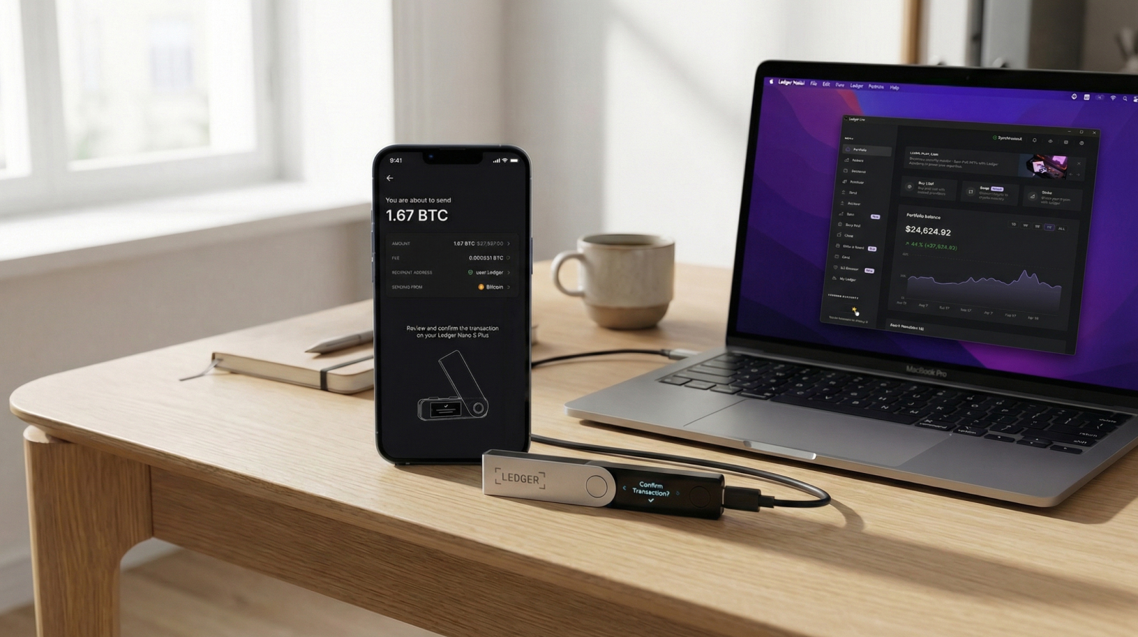 Ledger Nano X on desk behind the phone and laptop with ledger wallet app