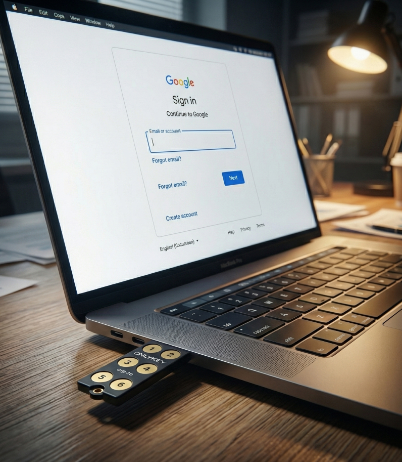 OnlyKey Fido2 insert in laptop with google login screen