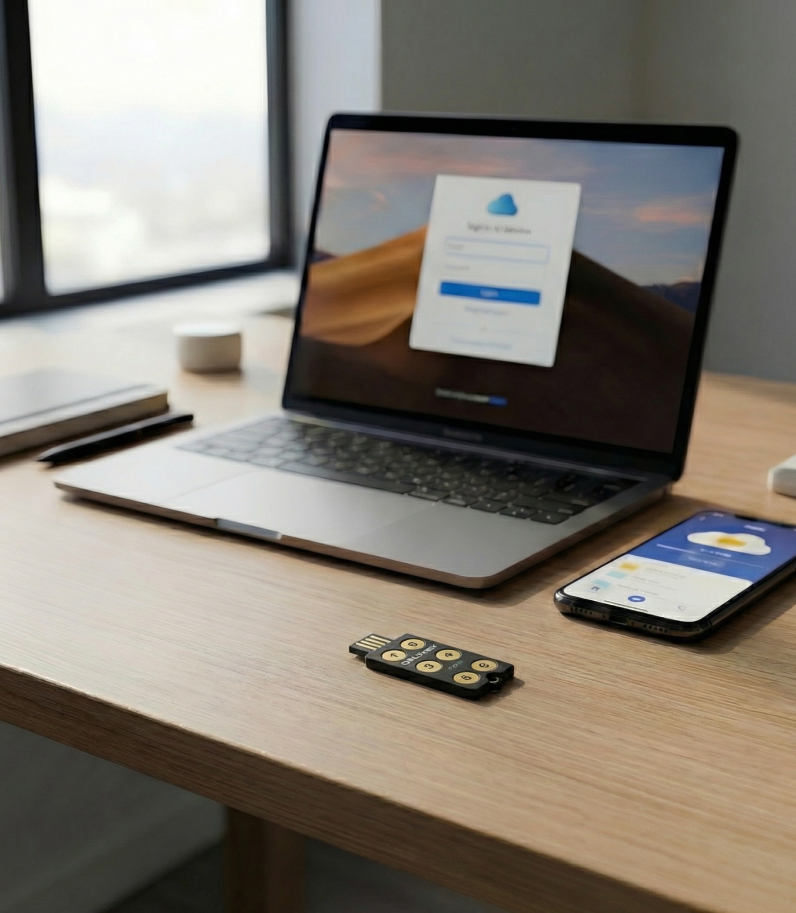 OnlyKey Fido2 behind laptop and phone on desk