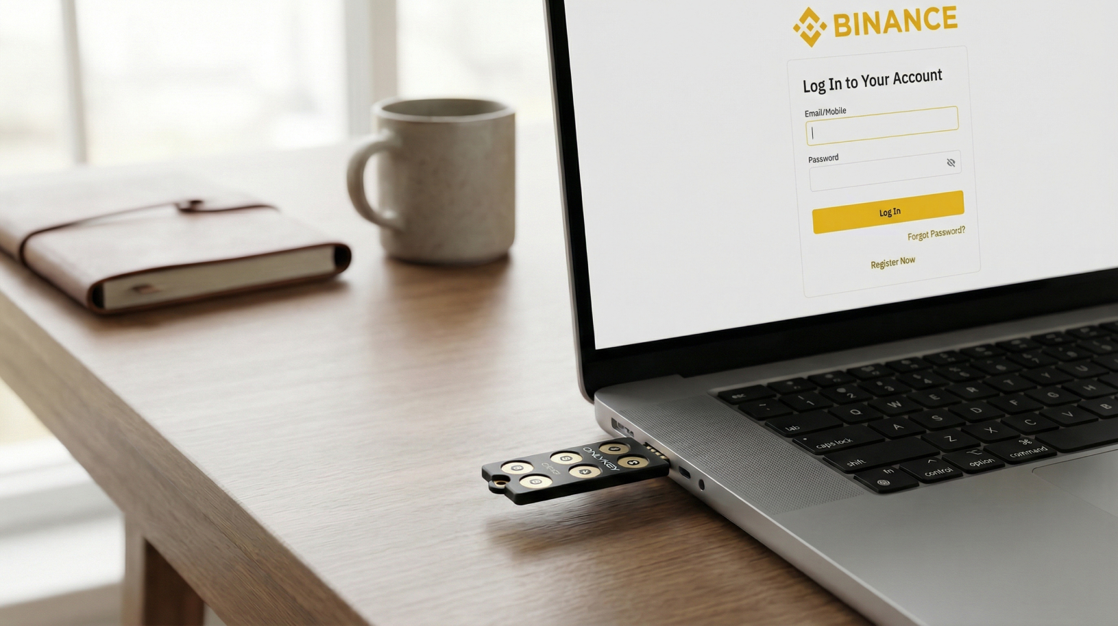 OnlyKey Fido2 insert in laptop with binance login page