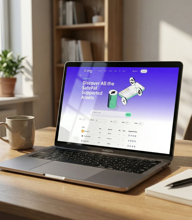 Safepal S1 Pro laptop on desk with Safepal Coins list on screen