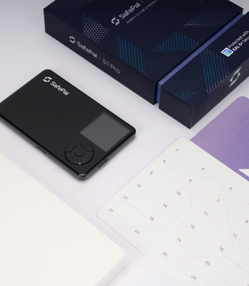 Safepal S1 Pro behind the main box and seed phrase card