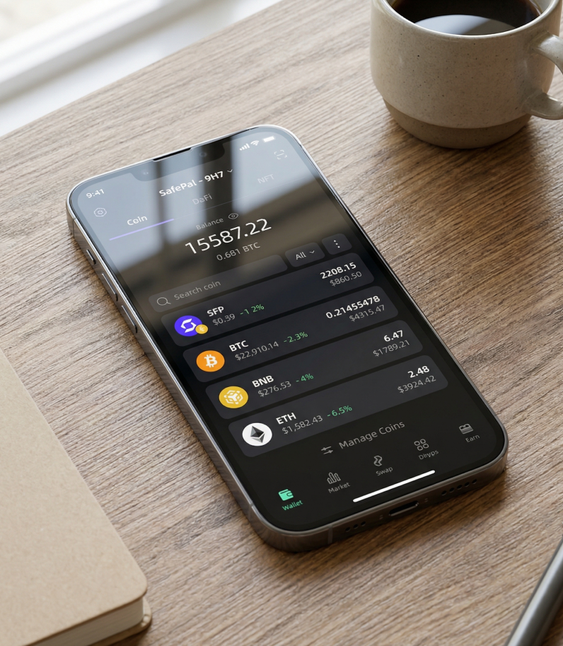 Safepal S1 Pro with Safepal App opened on phone that laying on desk