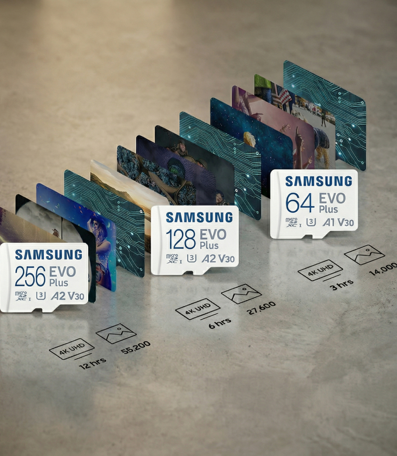 Samsung EVO Plus microSDXC + SD Adapter 9 EVO Plus microSDXC Cards 64GB 128GB 256GB speeds