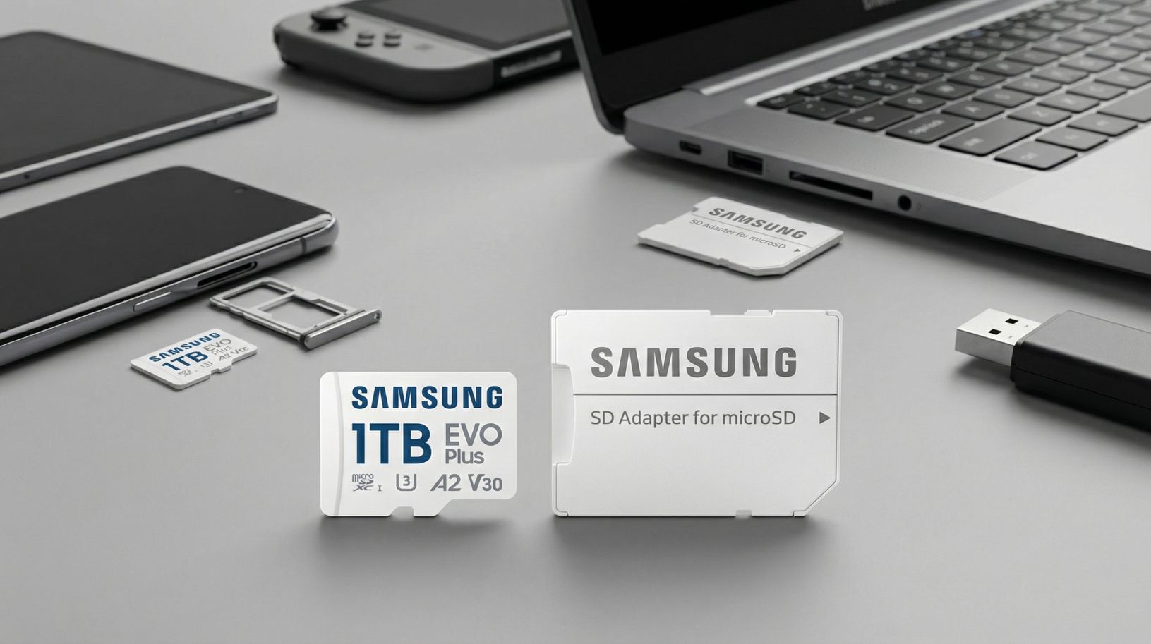 Samsung EVO Plus microSDXC + SD Adapter 13 EVO Plus microSDXC Card 1TB with SD adapter on desk around devices