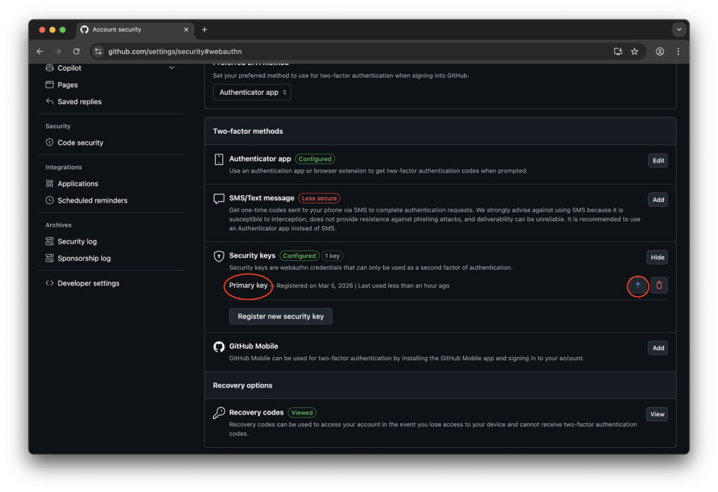 Upgrade primary key to passkey button