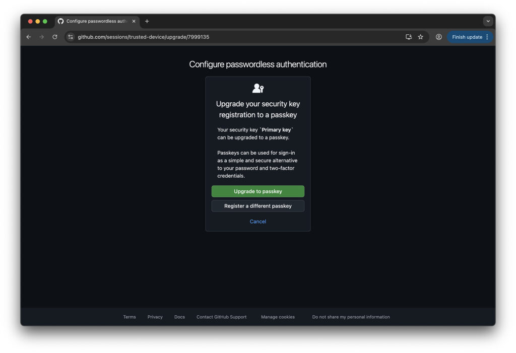 Key upgrade to Passkey page