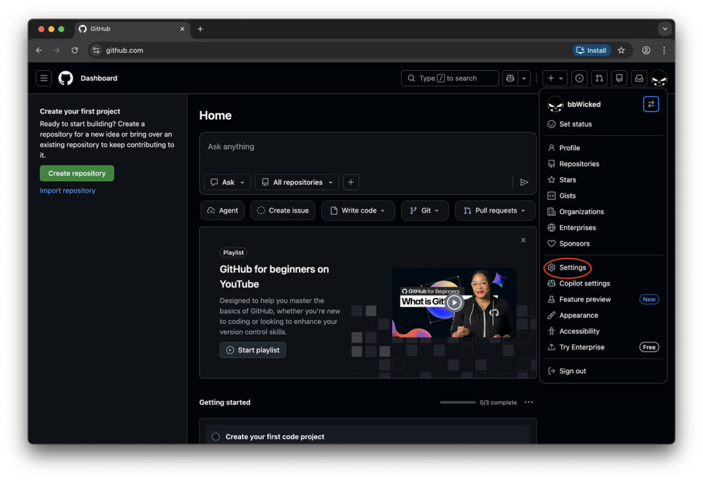 Profile menu for two-factor authentication on GitHub setup