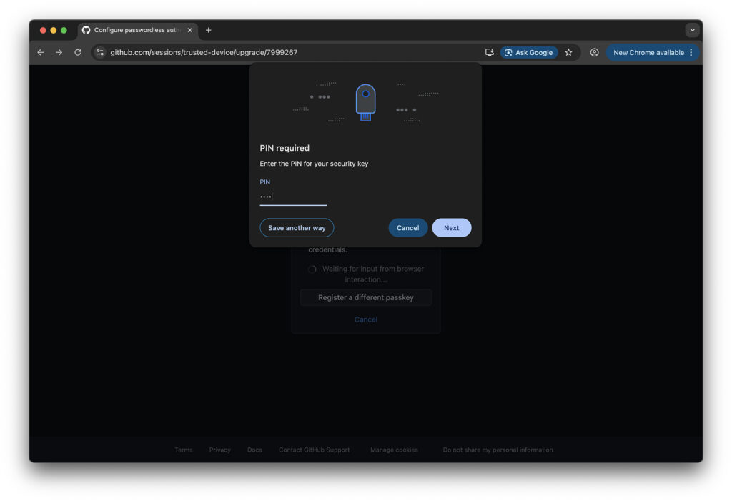Entering the PIN code for key upgrade