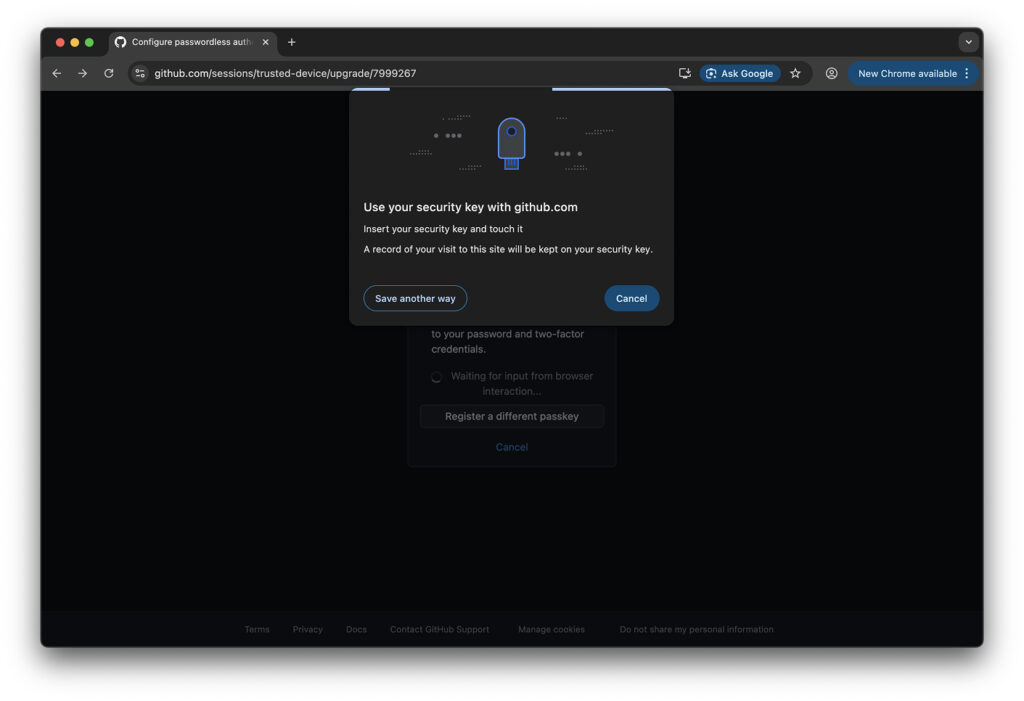 Touching the key for upgrade to Passkey