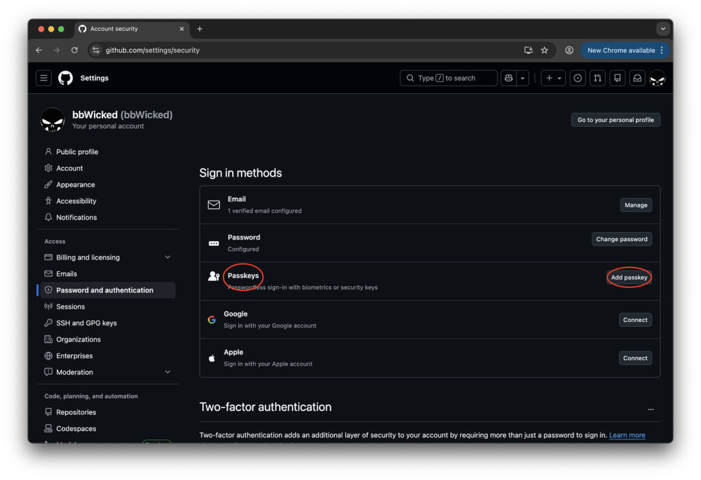 Passkeys section in GitHub settings
