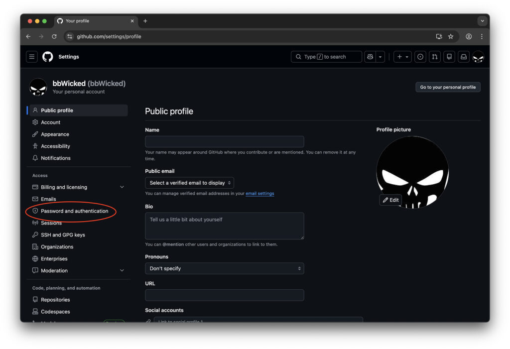 Settings section in GitHub