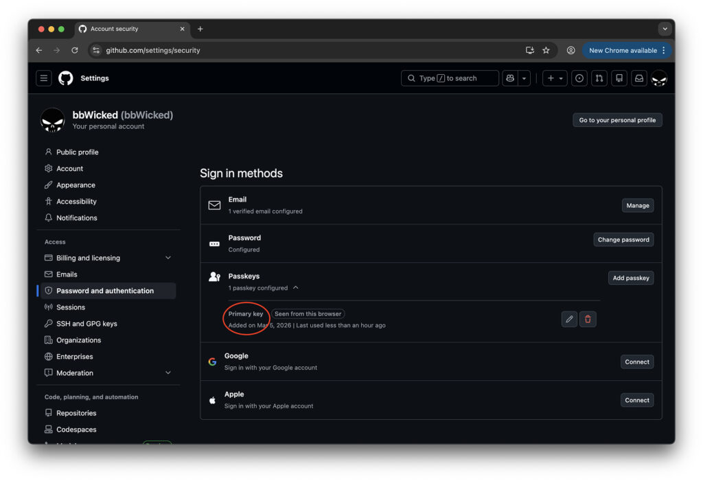 List of added Passkeys in GitHub
