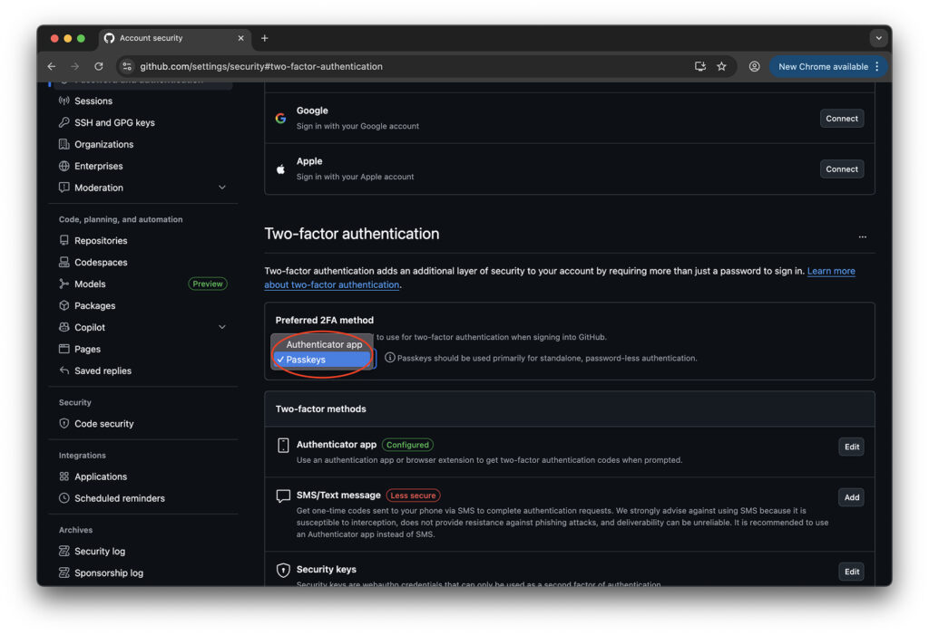 Selecting Passkeys as the two-factor authentication on GitHub method