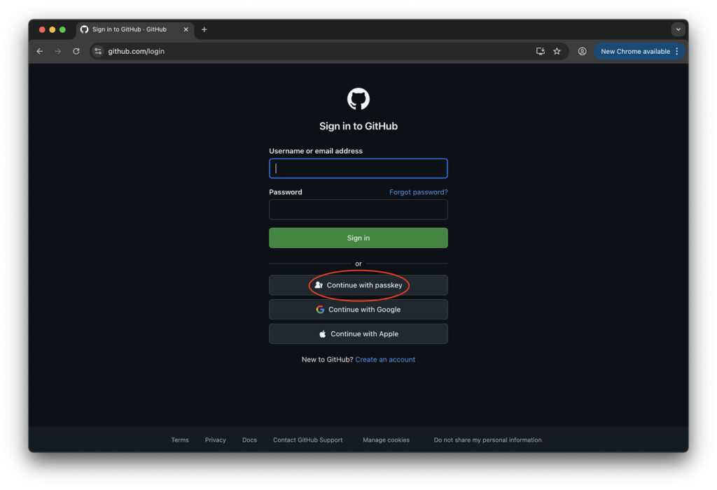 Continue with passkey button on the login page