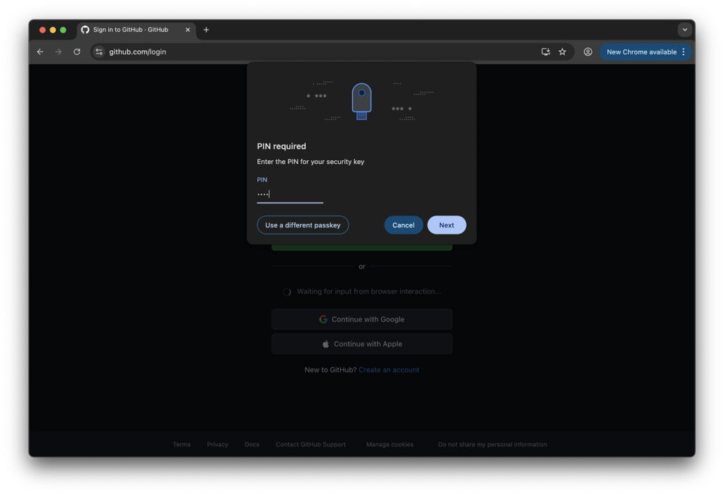 Entering the PIN code for Passkey login