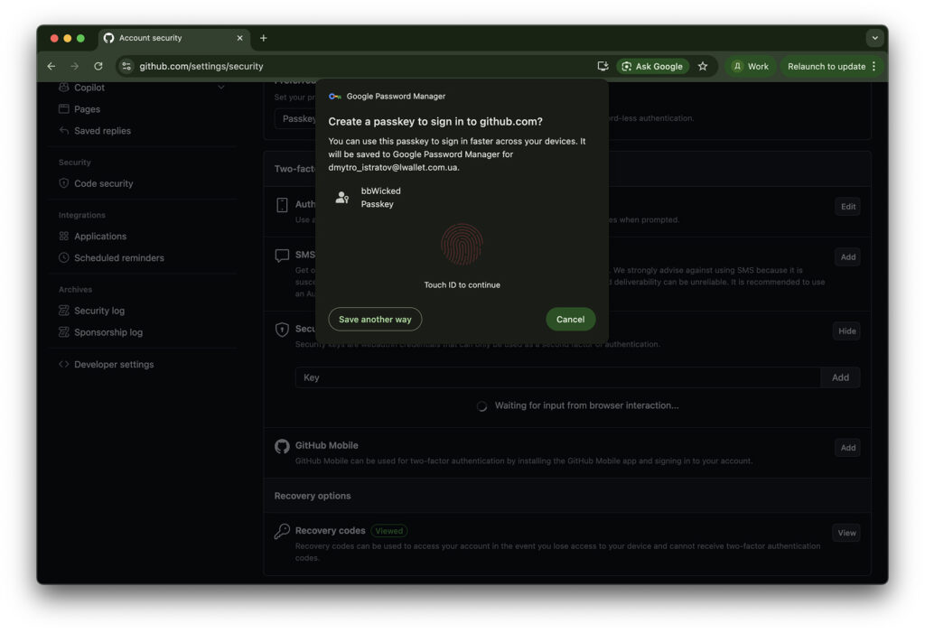 Selecting the authentication method — security key