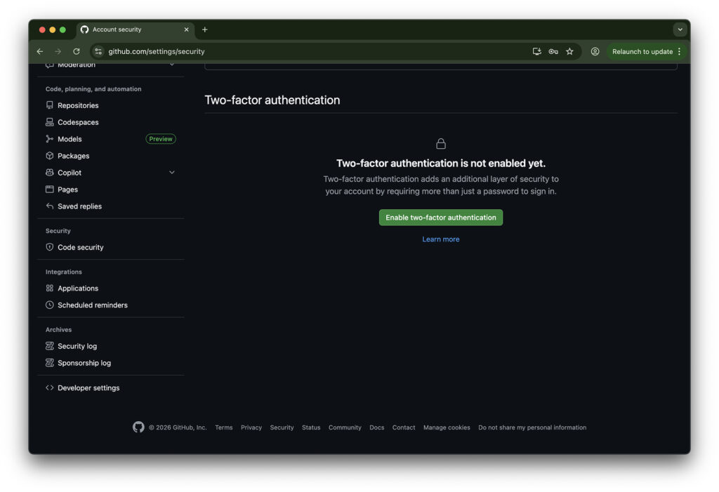 Choosing a method for two-factor authentication on GitHub