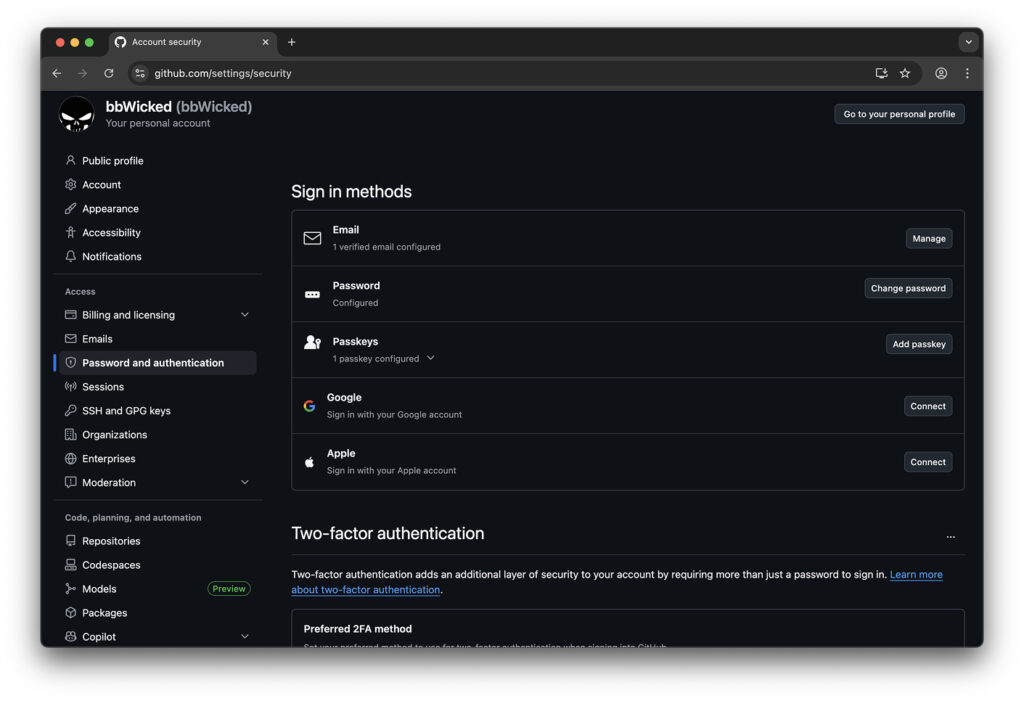 Password and authentication section for two-factor authentication on GitHub