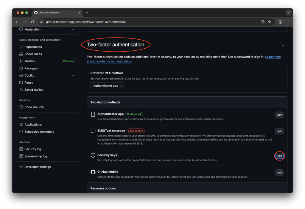 Two-factor authentication section in GitHub