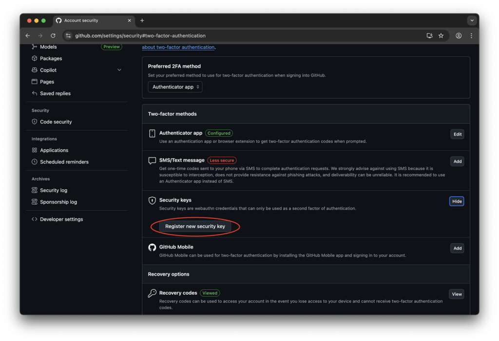Registering a new security key on GitHub