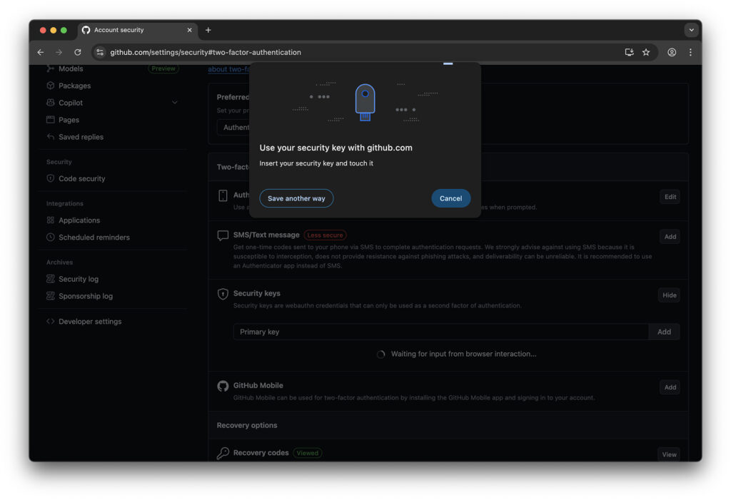 Confirmation request for two-factor authentication on GitHub via key