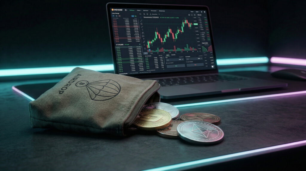 What is Perp Dex airdrop bag with crypto coins on desk