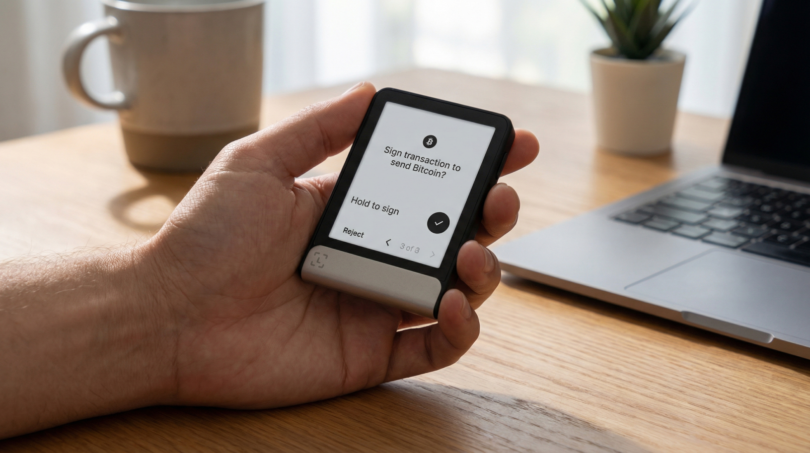 Ledger Flex in hand with transaction signing screen