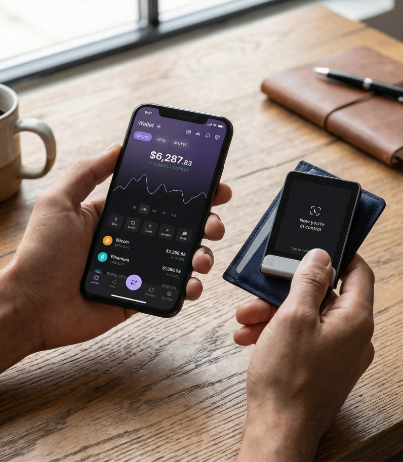 Ledger Flex in hands with phone and ledger wallet with screen