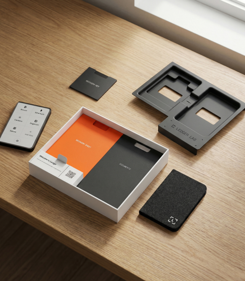 Ledger Stax box content on the desk