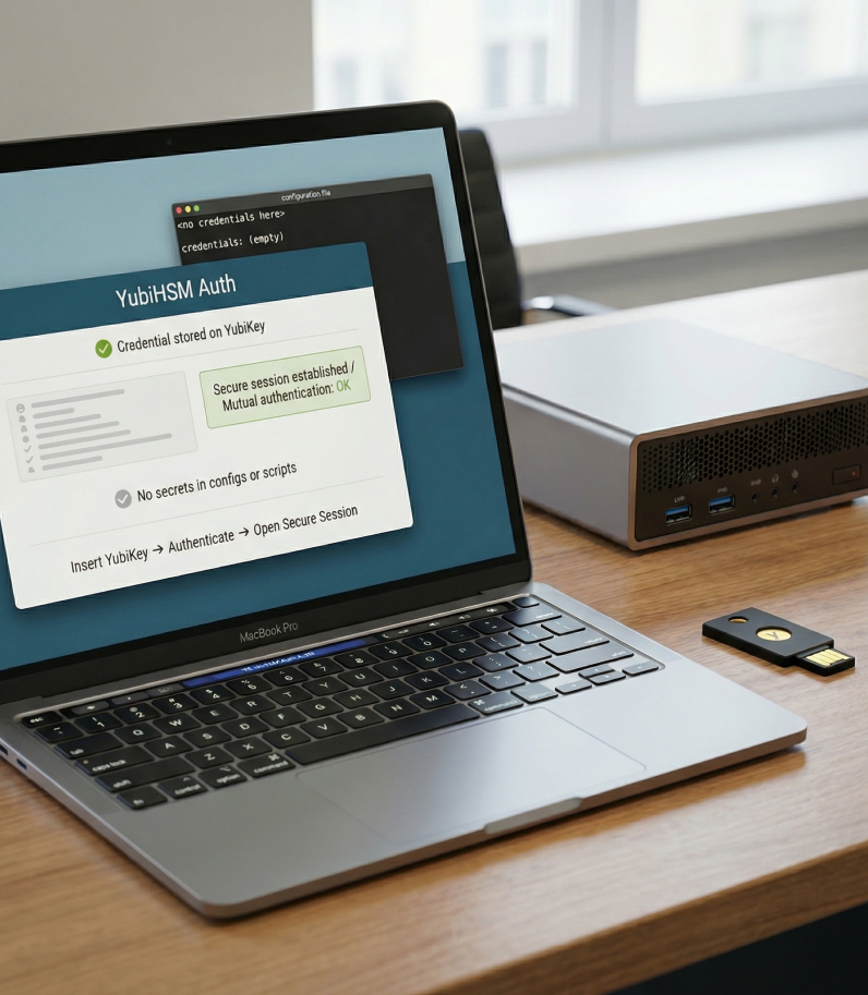 YubiHSM 2 v2.4 17 YubiHSM 2 v2.4 laptop with Yubikey on desk
