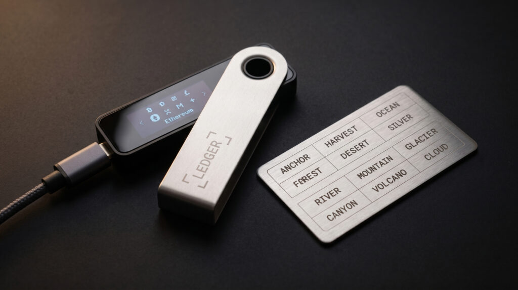 Top 5 methods to store seed phrase Ledger hardware wallet on desk with metal plate