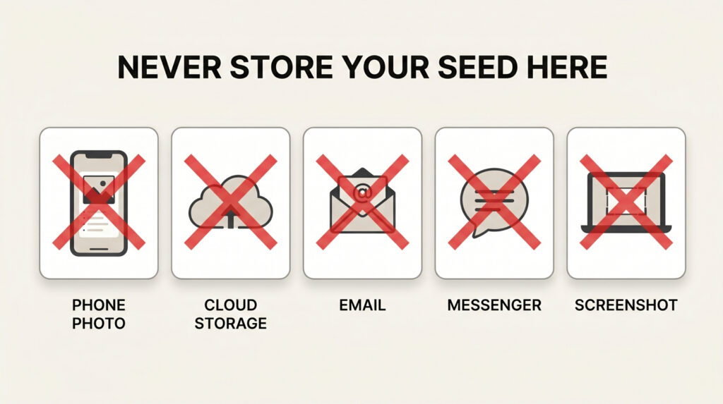Top 5 methods to store seed phrase Never store your seed phrase here