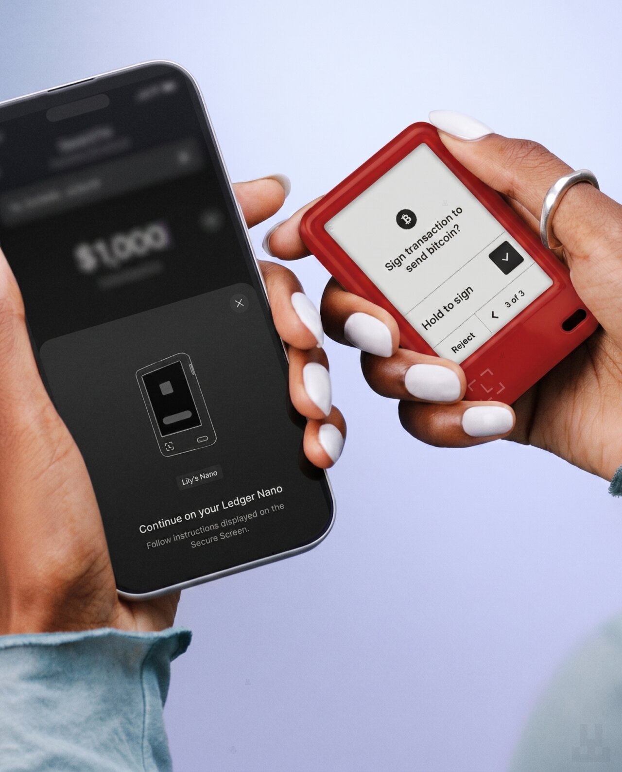 Ledger Nano Gen5 — Cherry Red 6 Ledger Nano Gen5 Cherry Red Main Photo With Phone