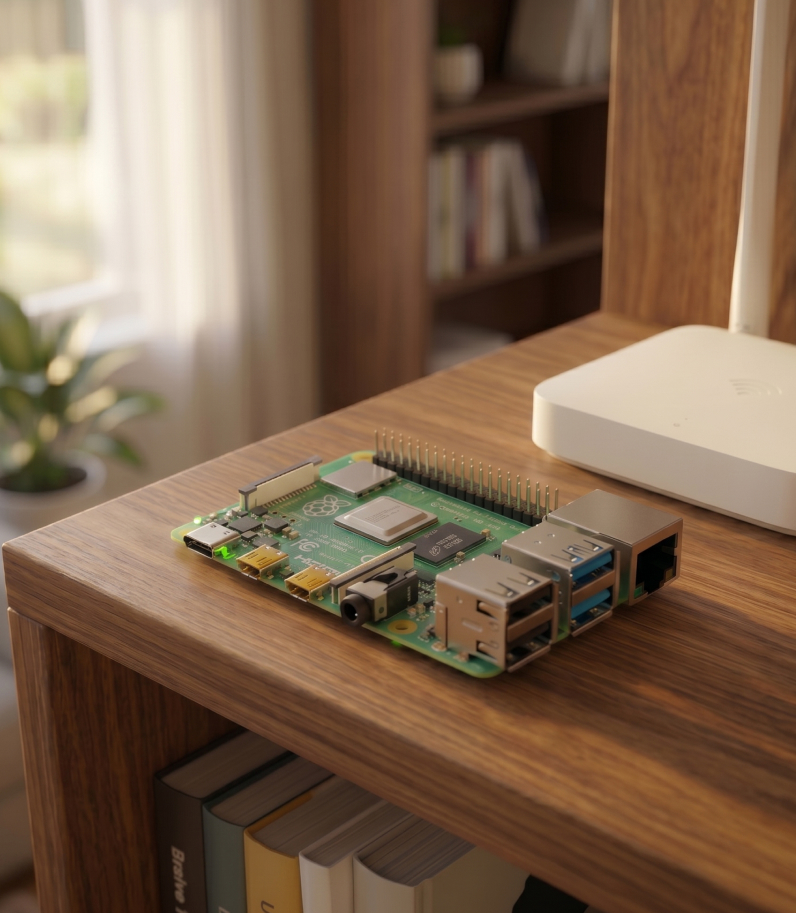 Raspberry Pi 4 on desk behind the router