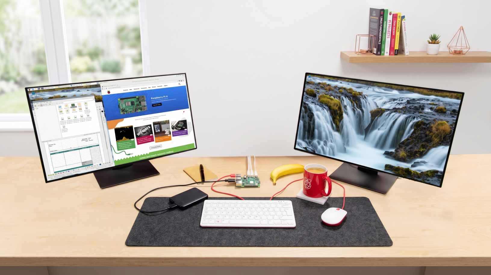 Raspberry Pi 4 on desk with two monitors