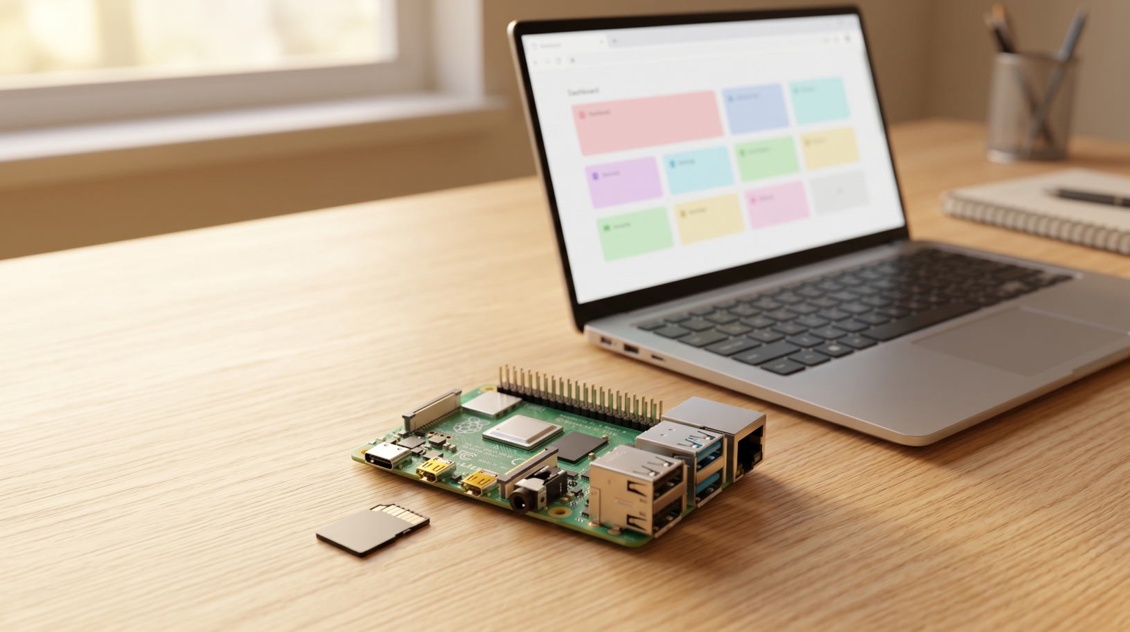 Raspberry Pi 4 on desk behind sd card and laptop