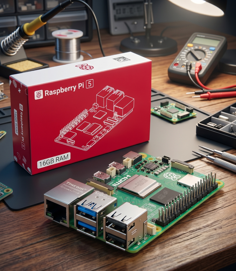 Raspberry Pi 5 Box and PCB on desk