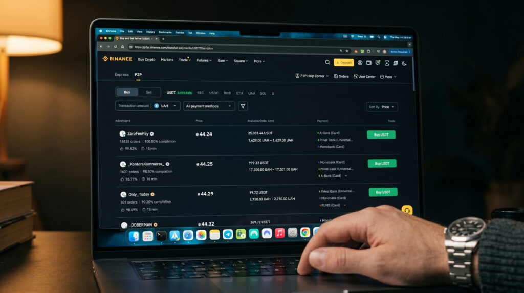 Вывод крипты на карту через P2P на бирже Binance — интерфейс на ноутбуке