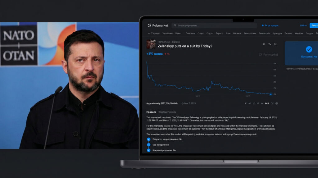 Volodymyr Zelenskyy at the NATO summit and the Polymarket Zelenskyy suit market with a final No resolution