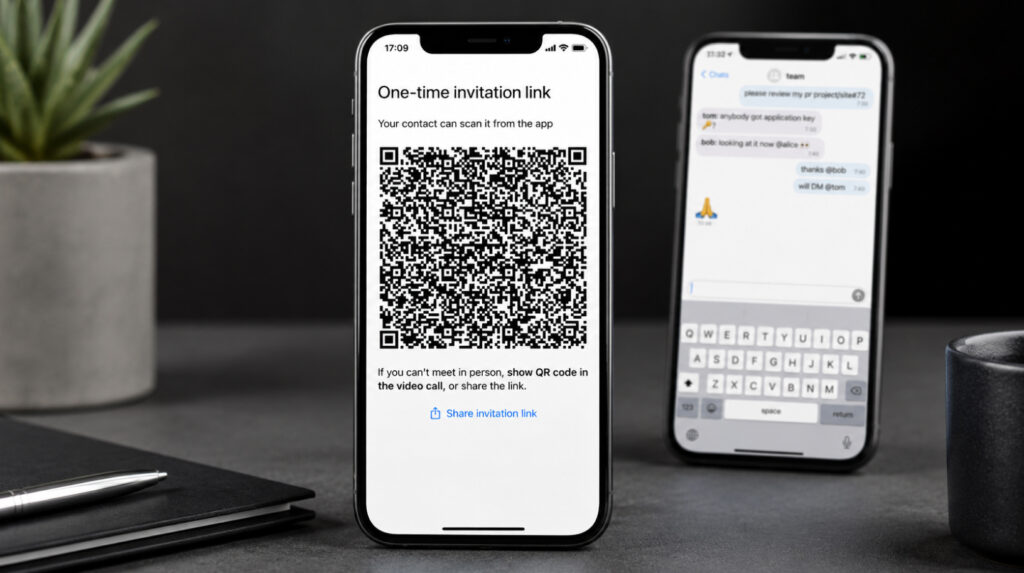 SimpleX Chat invitation for a new contact through a QR code without a phone number
