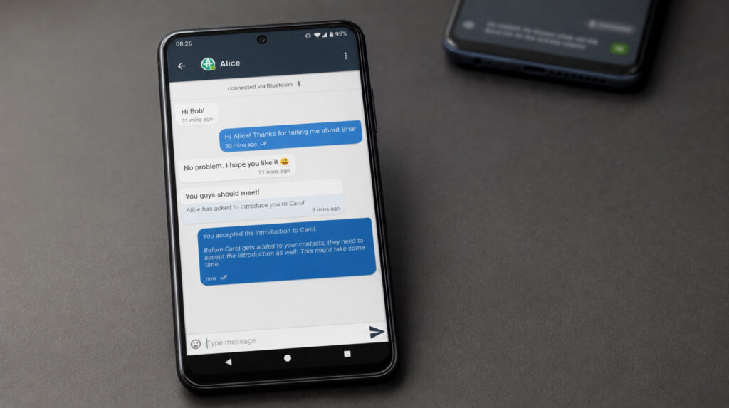 Briar private Android chat connected through Bluetooth without internet access