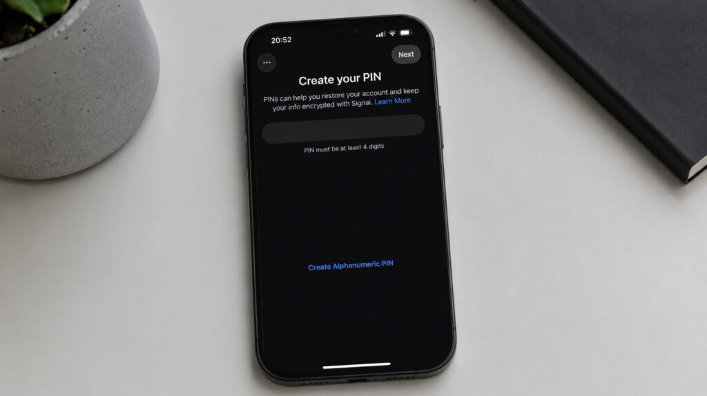 Signal first launch: creating a PIN to protect a private messenger account