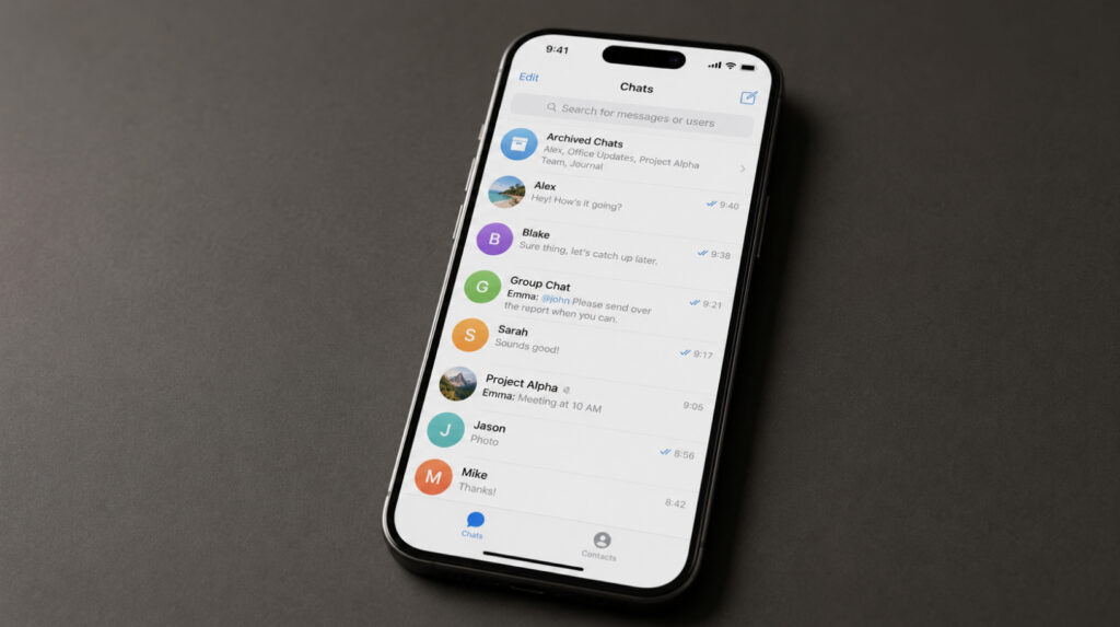 Telegram home screen with a chat list and no end-to-end encryption by default