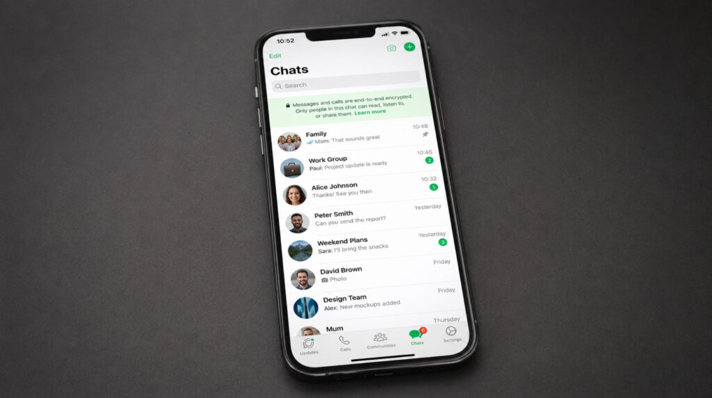 WhatsApp chat list with an end-to-end encryption E2EE notice