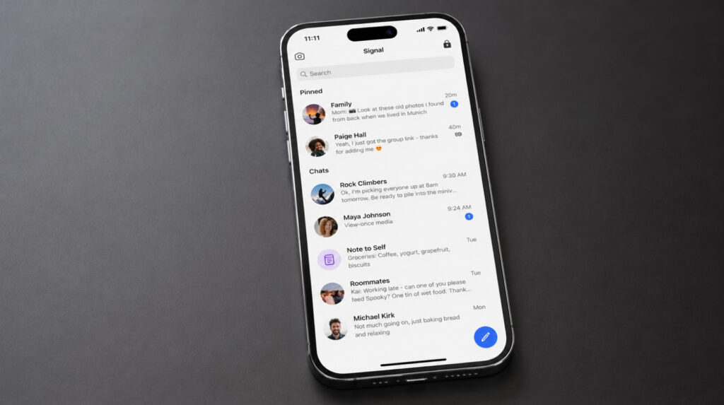 Signal private messenger home screen with a list of protected chats