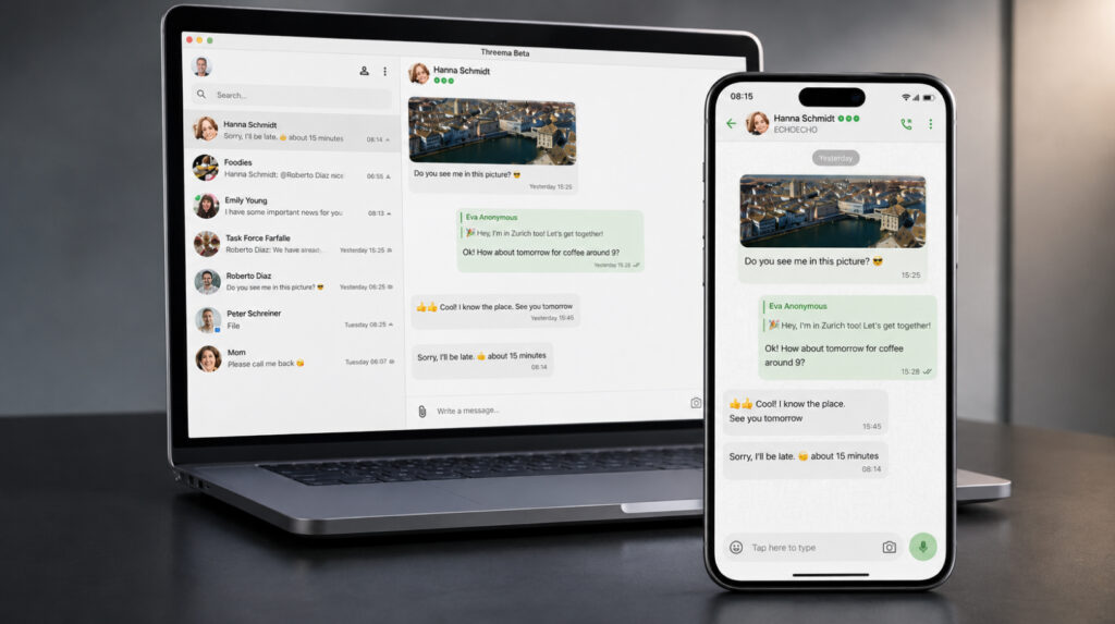 Threema secure chat with a Threema ID and green contact verification dots